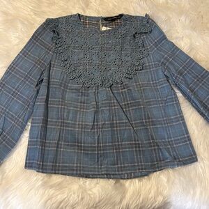 NWT Zara Blue Eyelet Lace Plaid Top